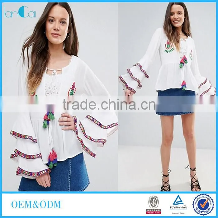 New Designs Fashion Hot Sale Boho Blouse Embroidered Layered Sleeve Women Tops Blouse