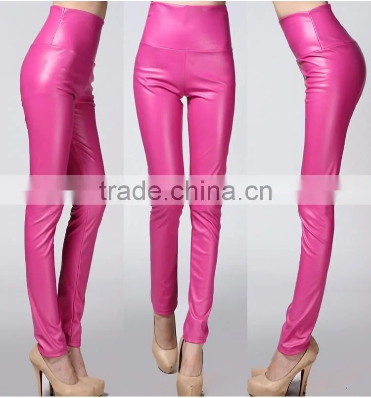 wholesale plain womens tight pants/sexy faux leather high waist leggings stretch PU pants laides skinny trousers