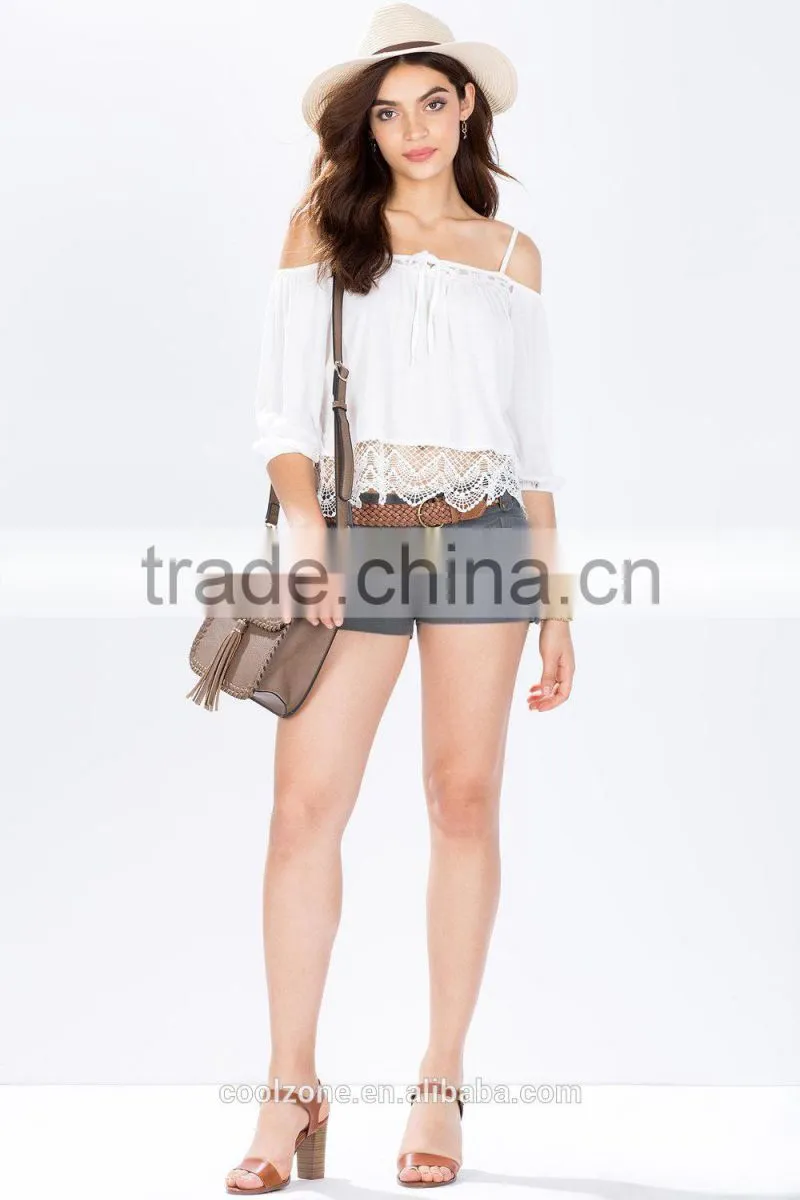 Fashion cold shoulder self tie crochet blouse top selling blouse products 2015
