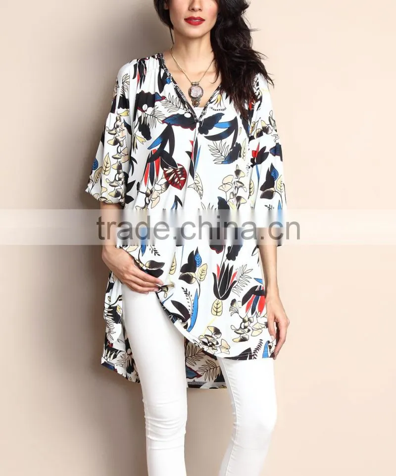 Best Sellers Women Tops With White Floral V-Neck Puff Sleeve Tunic Women Flower Blouse Women Wear GD90426-42
