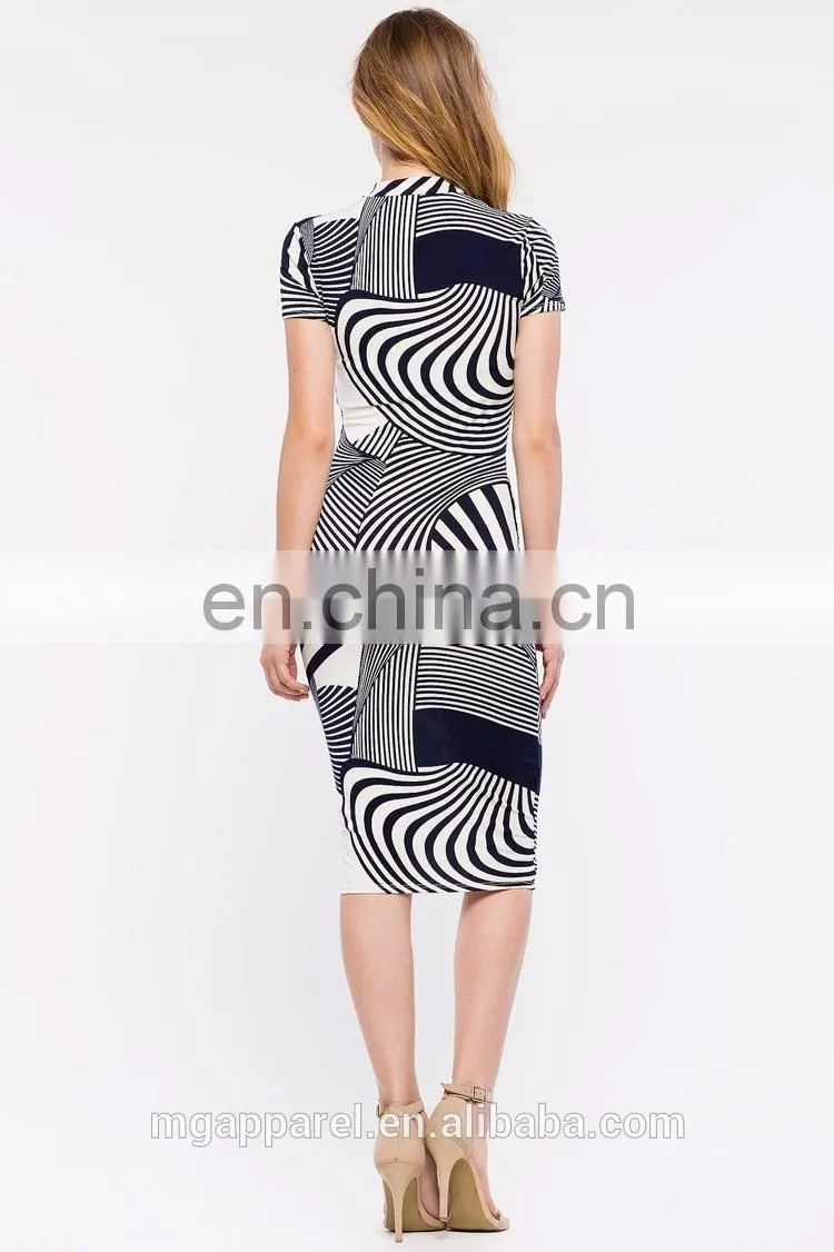 china supplier fashion latest dress designs short sleeve swirl print women party midi bodycon dress evening