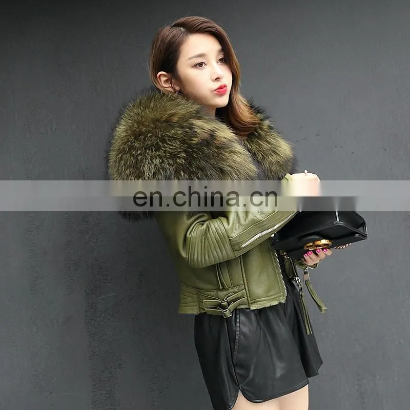2017 High Quality Large Fluffy Real Raccoon Fur Collar Jacket Coat Lady Winter Sheepskin Genuine Sheep Leather Jacket Women