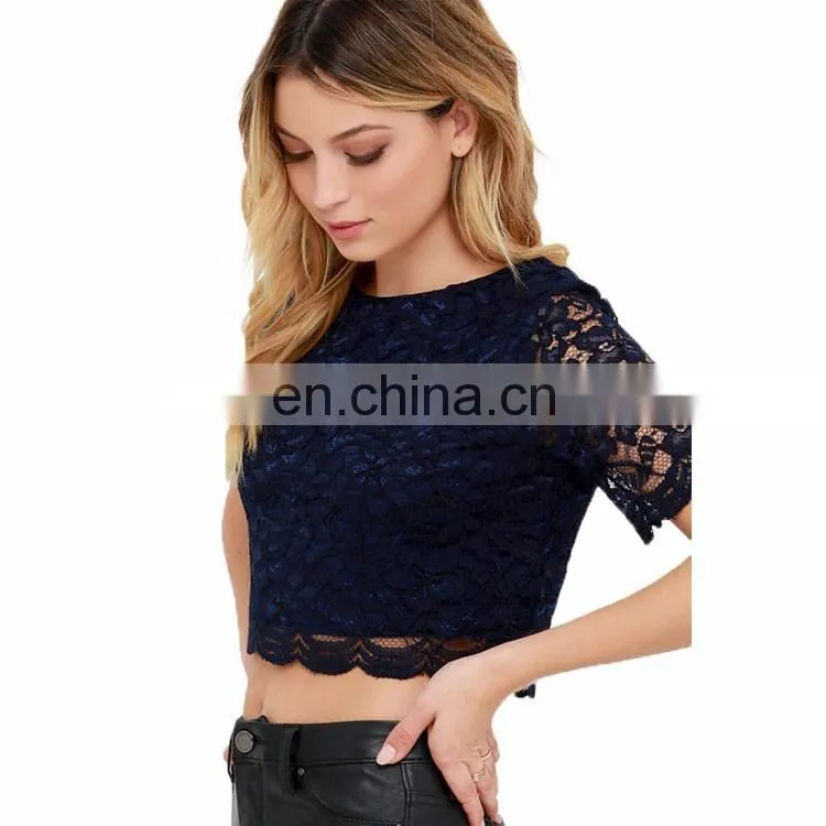 Custom Design Round Neck Navy Blue Floral Ladies Tops Short Sleeve Lace Ladies Sexy Crop Top