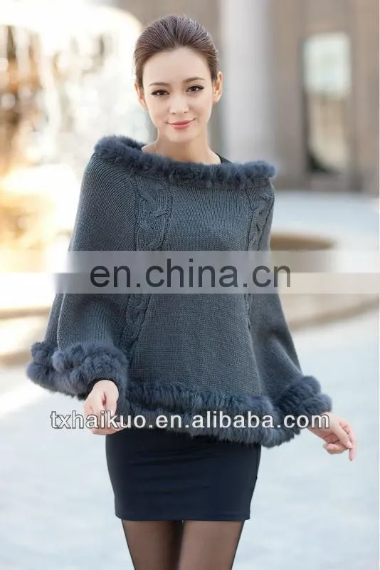 Ladies' sexy boat neck sleeveless cloak knitted sweater with fur hem