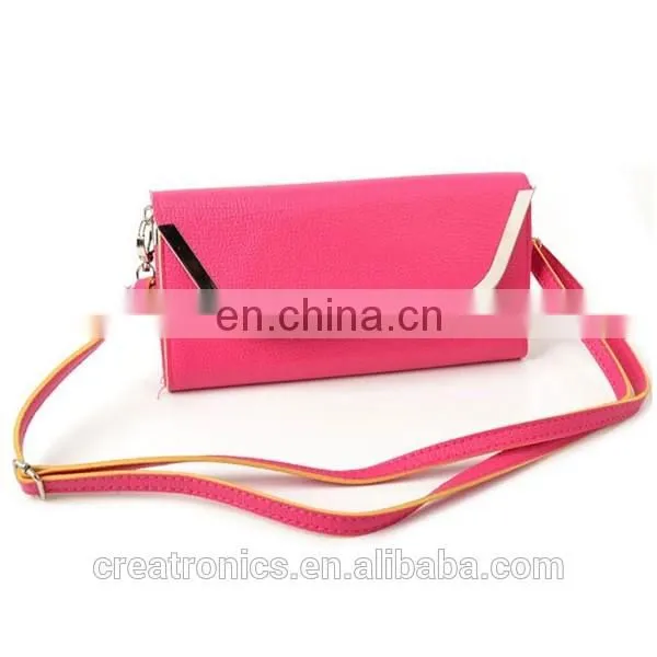 CR fully stocked cheap fancy a casual shoulder pu surface inlaid iron border with long belt black envelope purse silicon bag