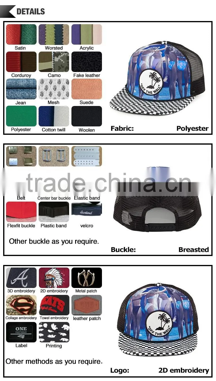 Stylish sexy girl printing embroidery patch 5 panel cheap trucker cap