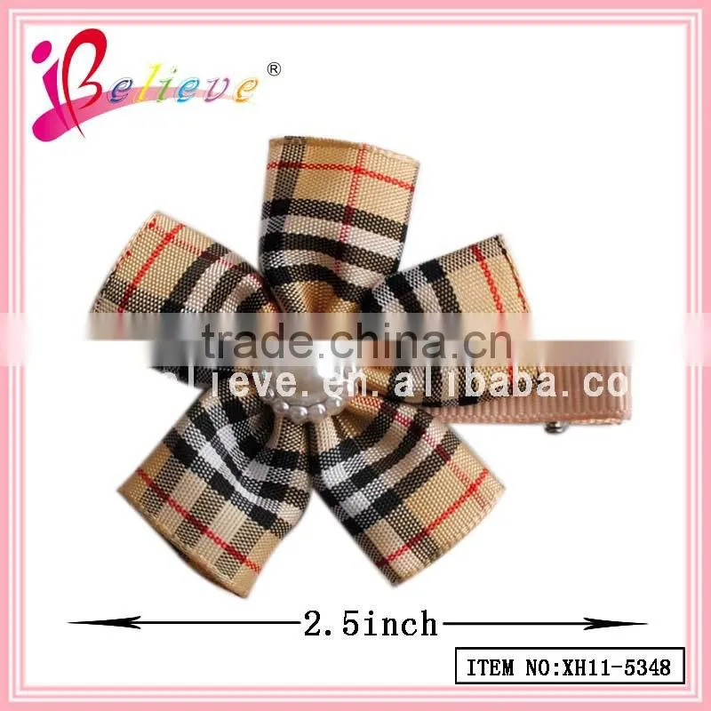 Cotton grid flower hair clip wholesale girls hair flower,hair flower clips