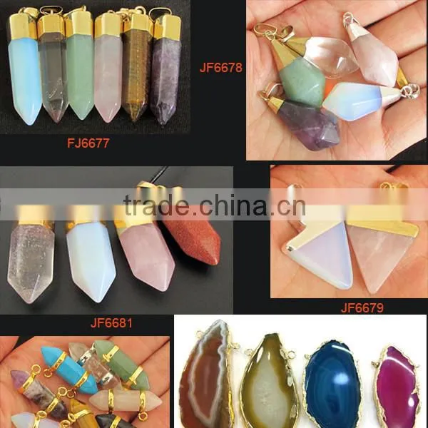 JF2251#60 Wholesale Rainbow Plated Natural Stone Point Pendants,Chakra Hexagonal Pendant