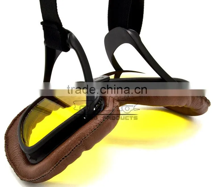 BJ-GT-008 Scratch Resistant Yellow Lens Brown Leather New Model Motorcycle Goggles