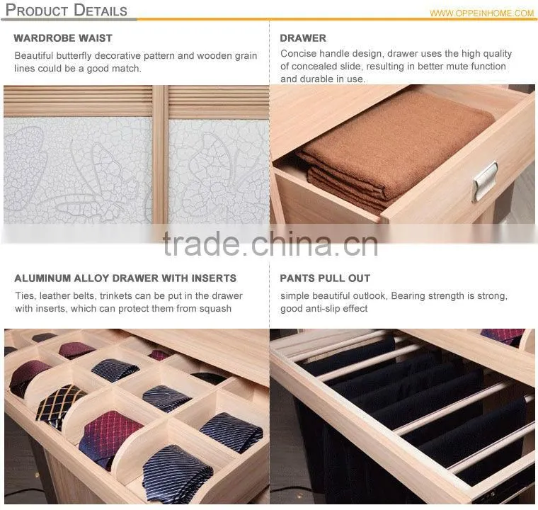 OPPEIN Modern Bedroom Furniture 3 Sliding Doors Wooden Wardrobe Closet