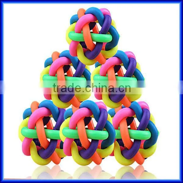 Colorful rainbow soft rubber dog chew bell ball, TPR woven teeth-cleaning pet toy chew bell ball