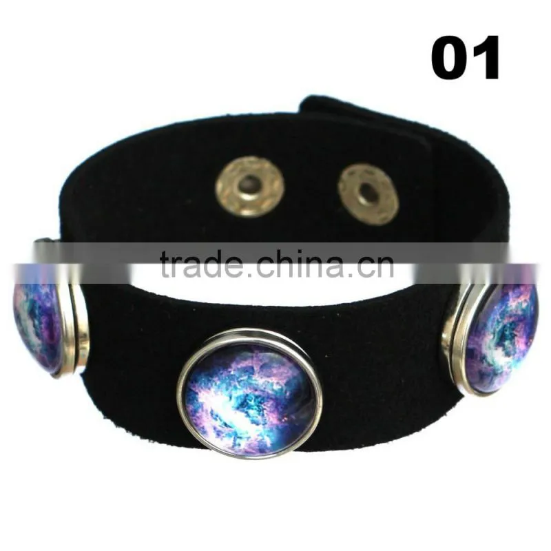 Wholesale Glass Nebula - Galaxy Space - Novelty Leather Metal Cuff Buttons Bangle Bracelet