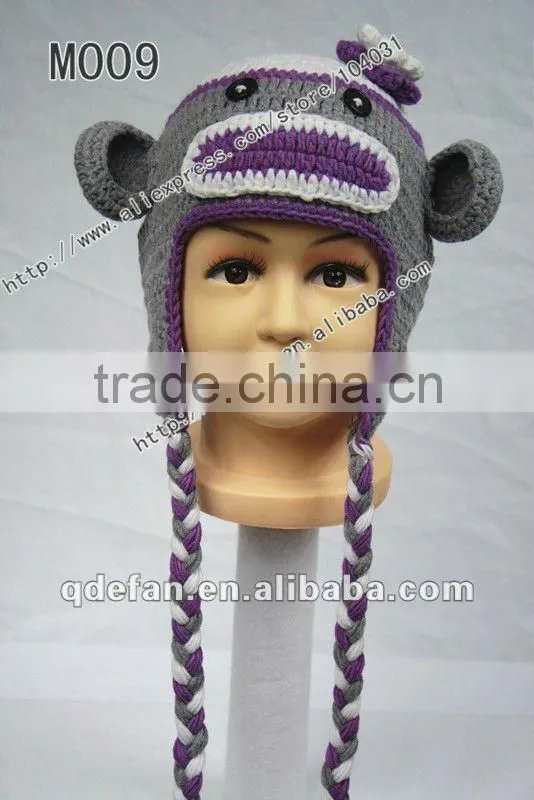 new arrival!!Free shipping 100% cotton crochet brown soft monkey hat / hand knitted animal beanie hat/ funny hat ideas