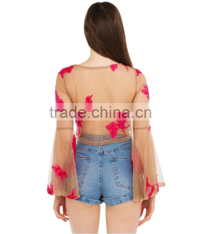 Elegant women floral printed sheer long sleeve sexy blouse