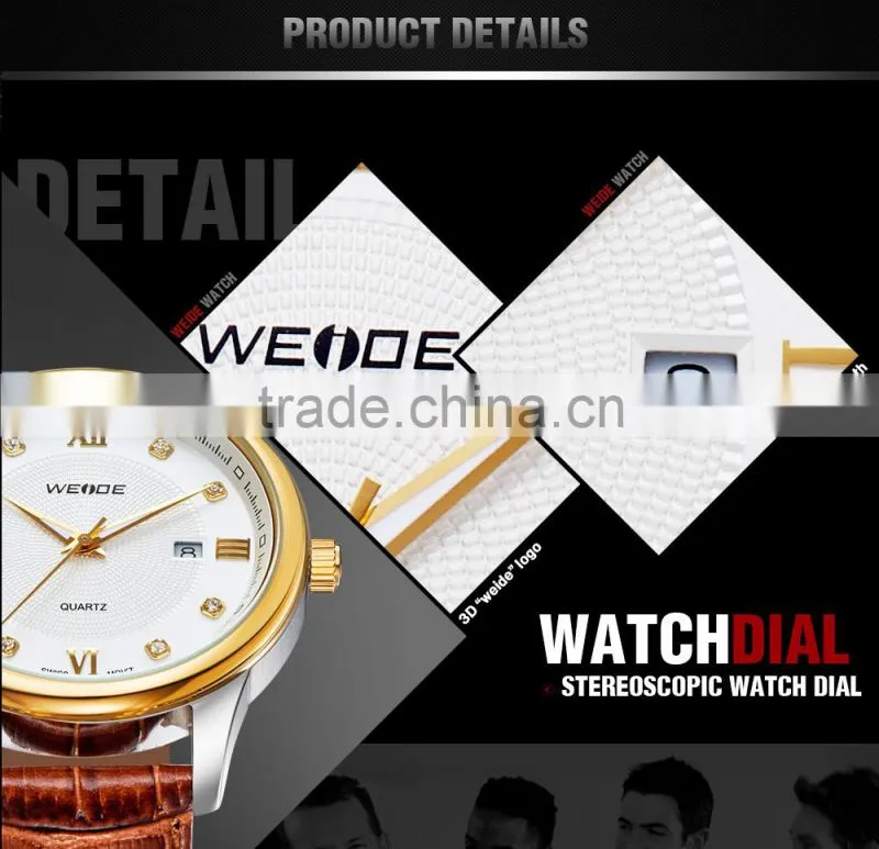 Luxury Brand Gold Military Genuine Leather Rhinestone Quartz Man Watch WEIDE 93008R