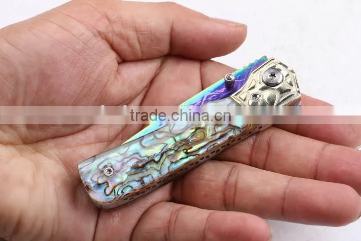OEM Custom Hand Made Damascus steel Folding knife with Abalone