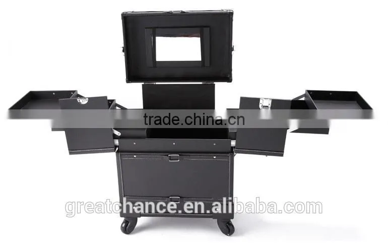 Black Leather Like Professional Aluminum Rolling Cosmetic Case Makeup Trolley