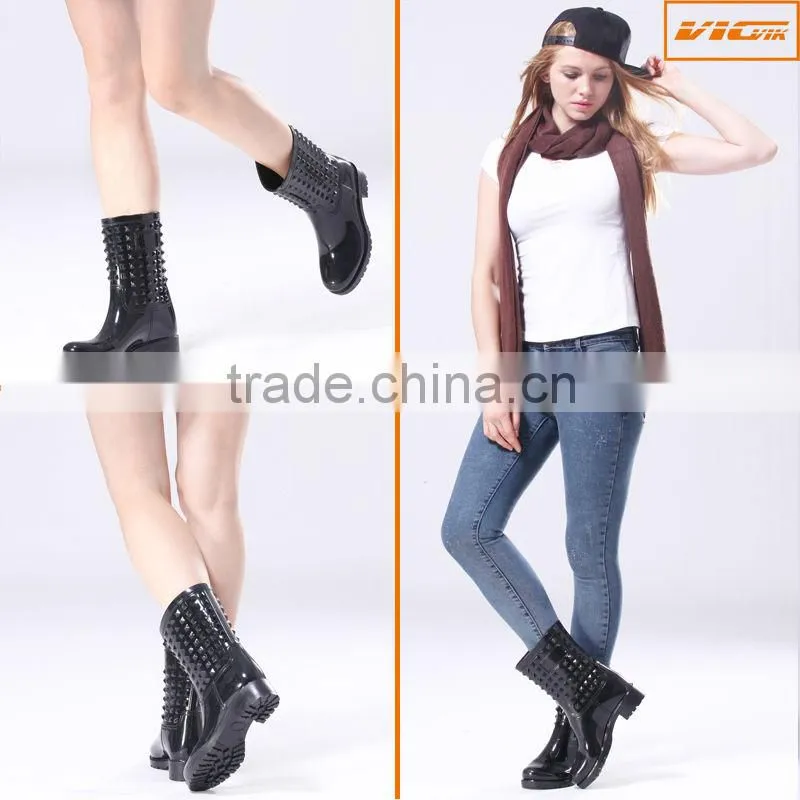 new arrival hot ladies' shiny black rivet texture pvc rain boots