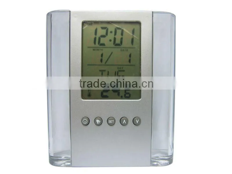 Plastic Transparent Multifunctional Pen holder Calendar Timer Thermometer Clock