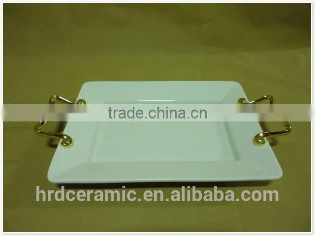 Gold rim four pane stock ceramic plate with handle