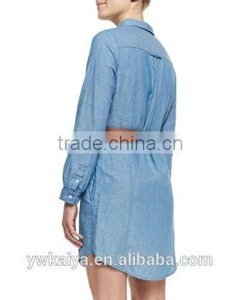 2014 latest design Women's Casual Denim cotton 7-sleeve Slim Shirt Dress long Shirtdress