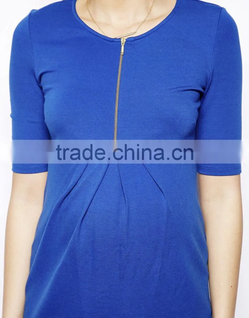 hot sale wholesale maternity clothes,front zip pleated maternity clothes,elbow sleeve front tunic dress
