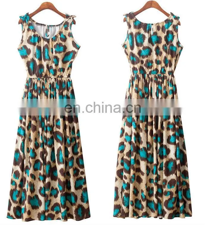 blue leopard sleeveless u neck long dress cotton skirt