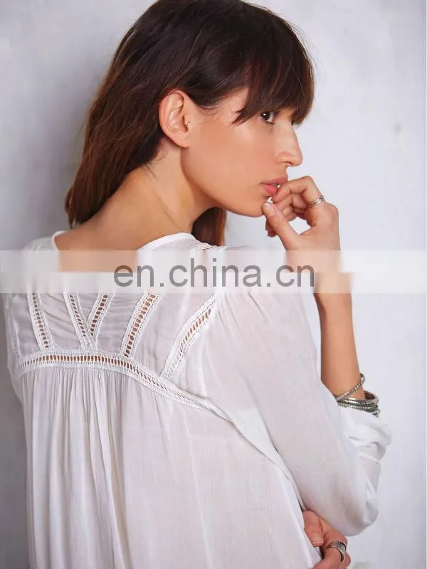Lace trimed long sleeve woman surplice woven top