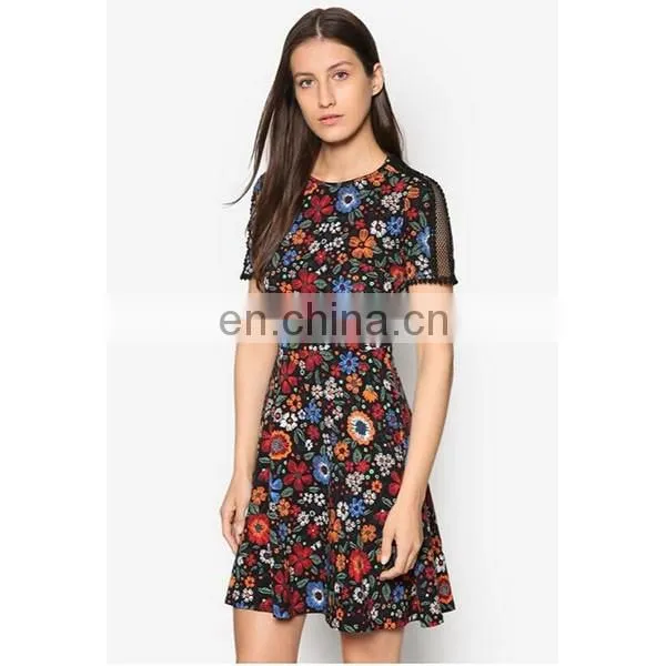 OEM Women Wear Fashion Dress Black Floral Sleeveless Lace Insert Dress