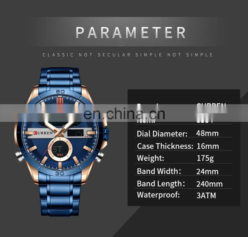 CURREN 8384 Men's Digital Watches Fashion Sport Stainless Steel Chronograph Luminous LED Gold Watch