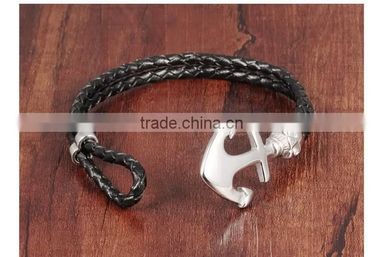 Cheap stainless steel skull boat anchor double braided leather bracelet punk rock style