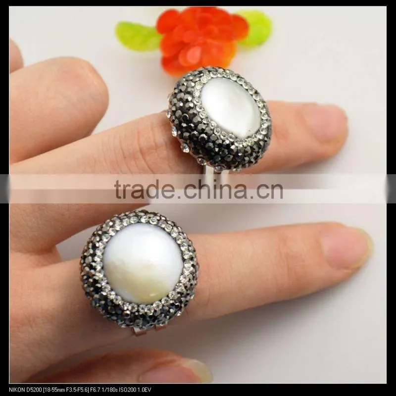LFD-0011R ~ Charm Jewelry Rhodium Plated 23mm Natural Pearl Rings, Crystal Rhinestone Paved Druzy Pearl Finger Ring