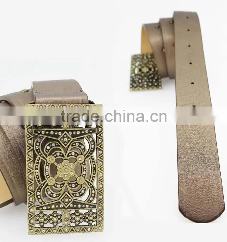 2015 Vintage Style women's fashion PU brand belt with rhinestone square shape buckle