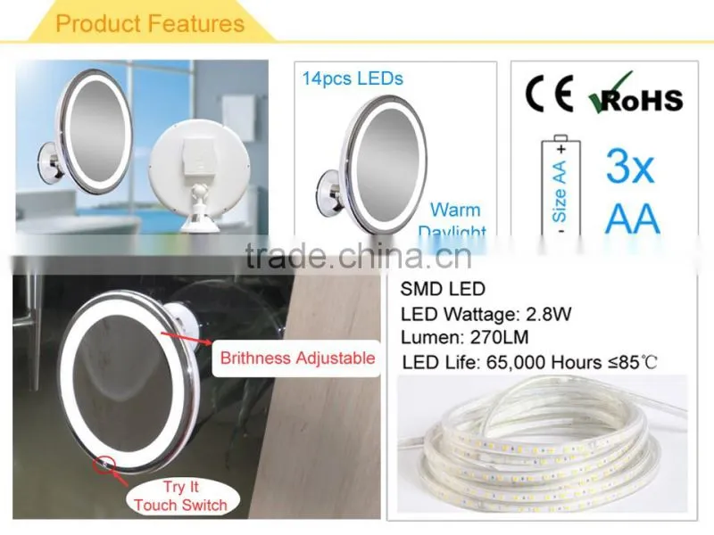 Bathroom makeup mirror with led light and suction cup