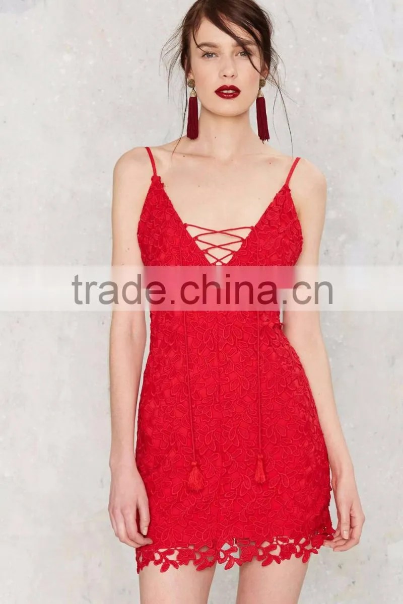 2016 OEM Service Sexy Cotton Tassel Backless Red Crochet Mini Dresses