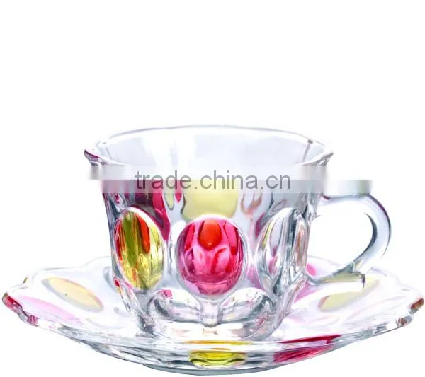 Color painted glass coffee tea cups and saucers