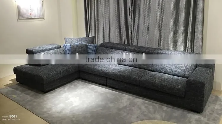 Classic linen fabric corner sofa design home furniture wooden legs recliner sofa with adjustable headrest