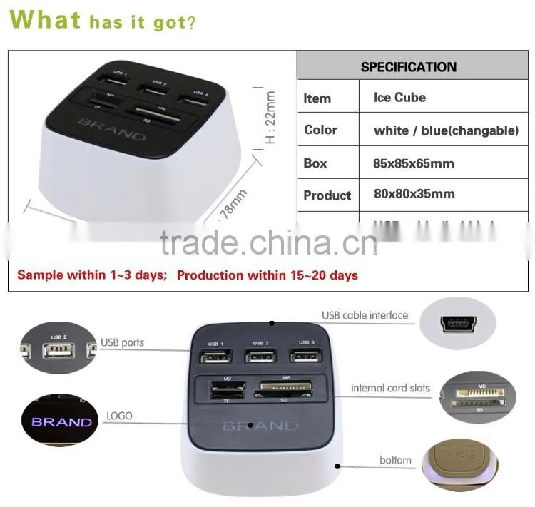 2016 US best selling 3 port HUB Combo USB 2.0 Card reader USB 2.0