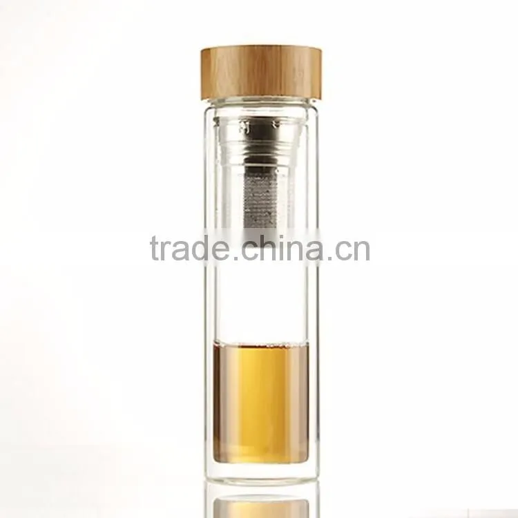 2016 New design wholesale promotion custom logo glass fruit/tea infuser water bottle BPA free with bamboo lid