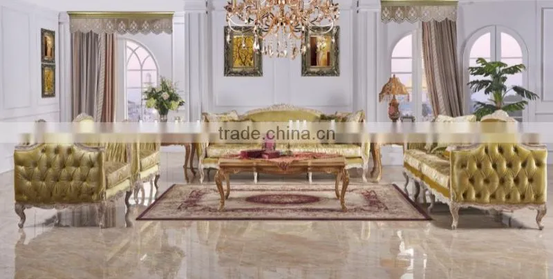 Graceful blue fabric solid wood hand carving frame living room sofa set