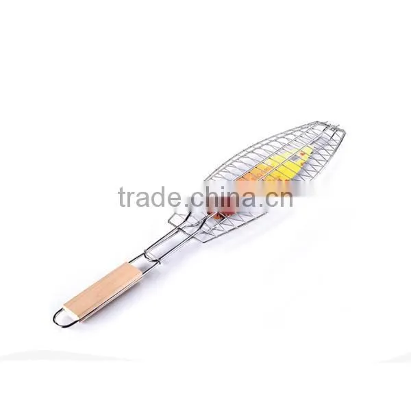 Silver Nonstick Fish Grilling Basket With Wood Handle