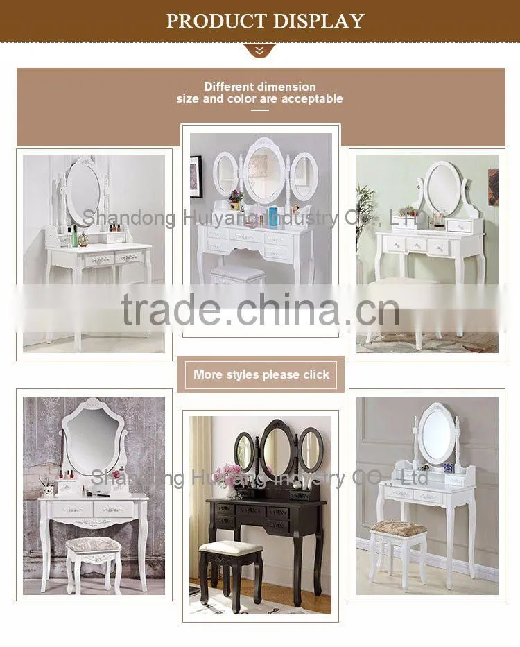 custom cheap small bedroom wooden mini malist dressing table set with mirror and stool