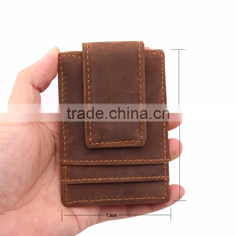 Crazy Horse Leather OEM branded Money Clip Front Slim Minimalist Mens RFID Blocking leather money clip