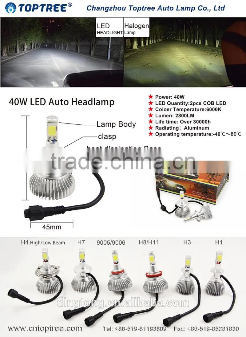 Toptree led auto headlight h4 led high low beam car headlight conversion kit 40w