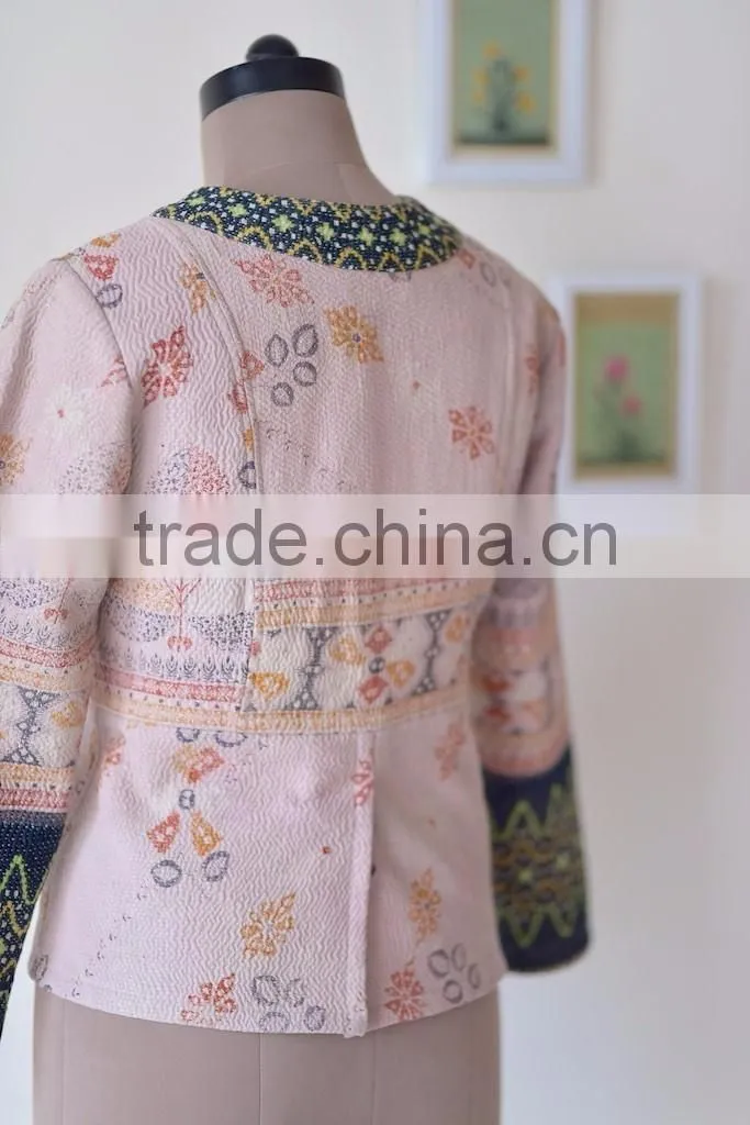 Handmade Boho Jacket with Embroidery, Made of Kantha Fabric ~ Large