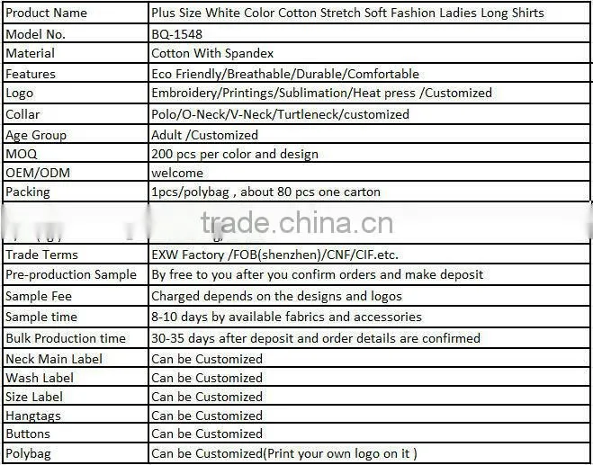Plus Size White Color Cotton Stretch Soft Fashion Ladies Long Shirts