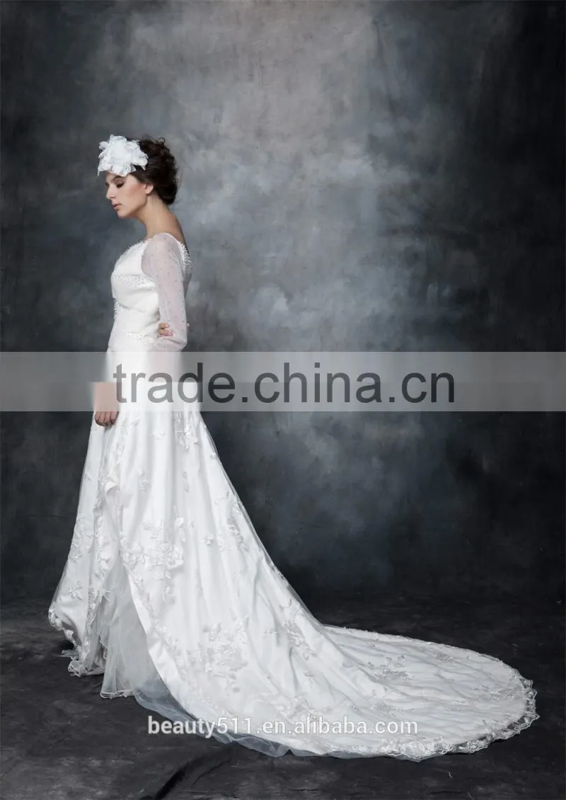 A-line Scoop Neck Satin Over Net With Embroidery bridal dress Lace With Crystal 3/4 sleeve Wedding Dress AS29402