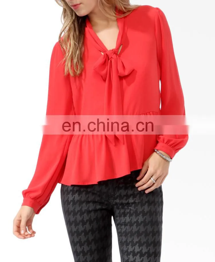 CHEFON Long sleeve tie collar relaxed fit peplum new model blouse for women