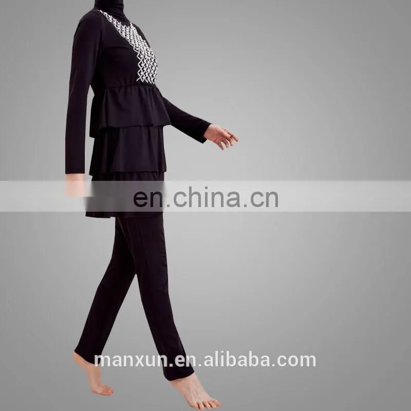 2017 Muslim Black Printing Pattern Women Swimming Suits Wholesale Plus Size Islamic Swimwear