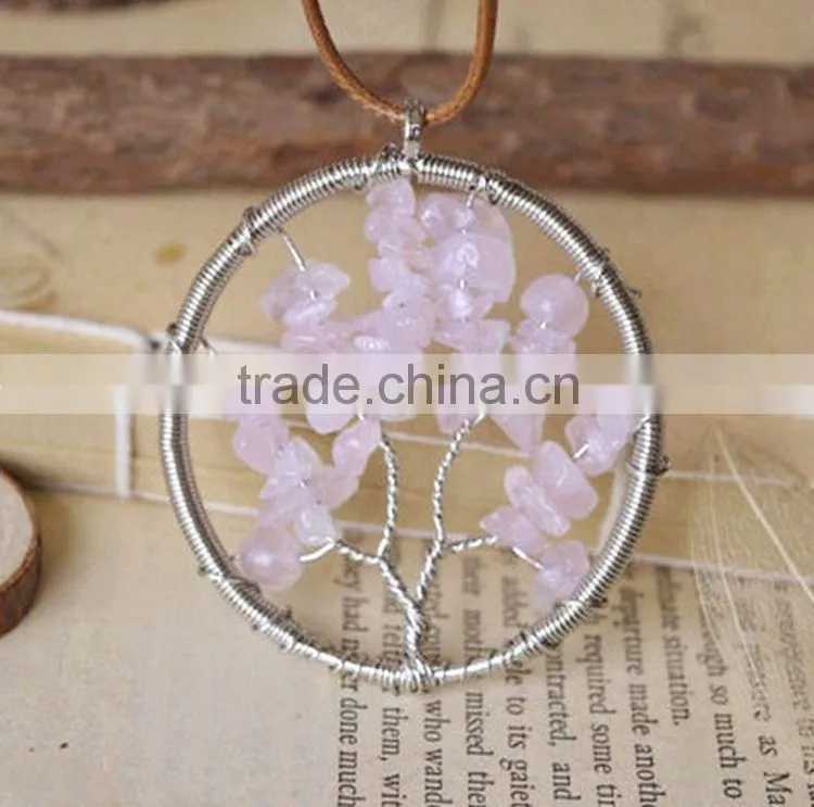 Wholesale Natural Rose Quartz Crystal Birthstone Tree of Life Handmade Pendant SCC0356